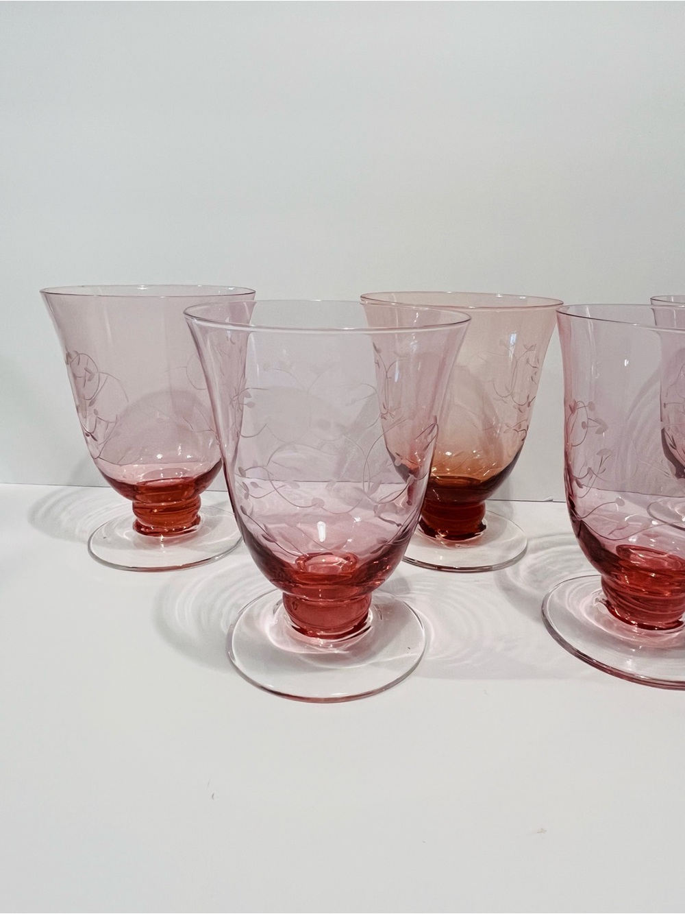 Vintage Towle Silversmiths Pink Etched Set of 6 Footed Tumblers 5”